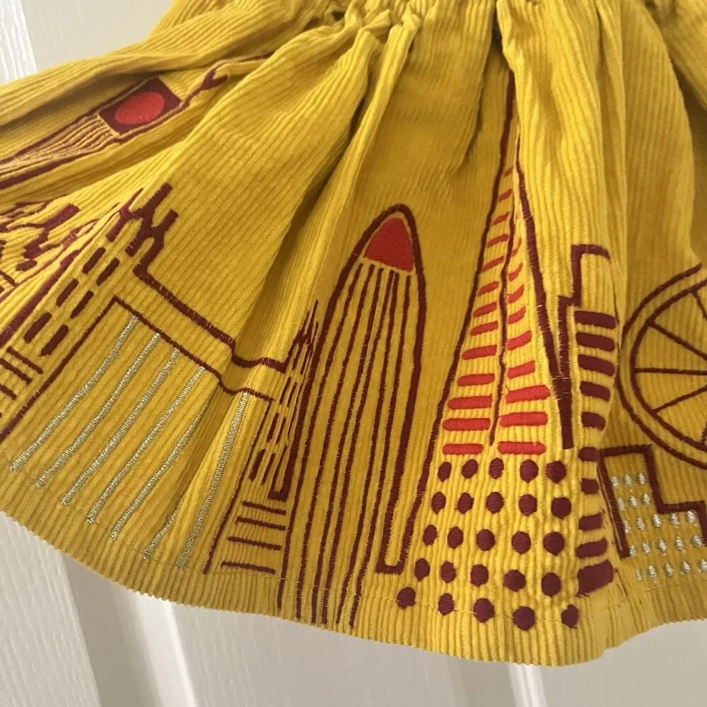 Piccolina Embroidered London Skyline Corduroy Skirt Yellow Girls Size 2T